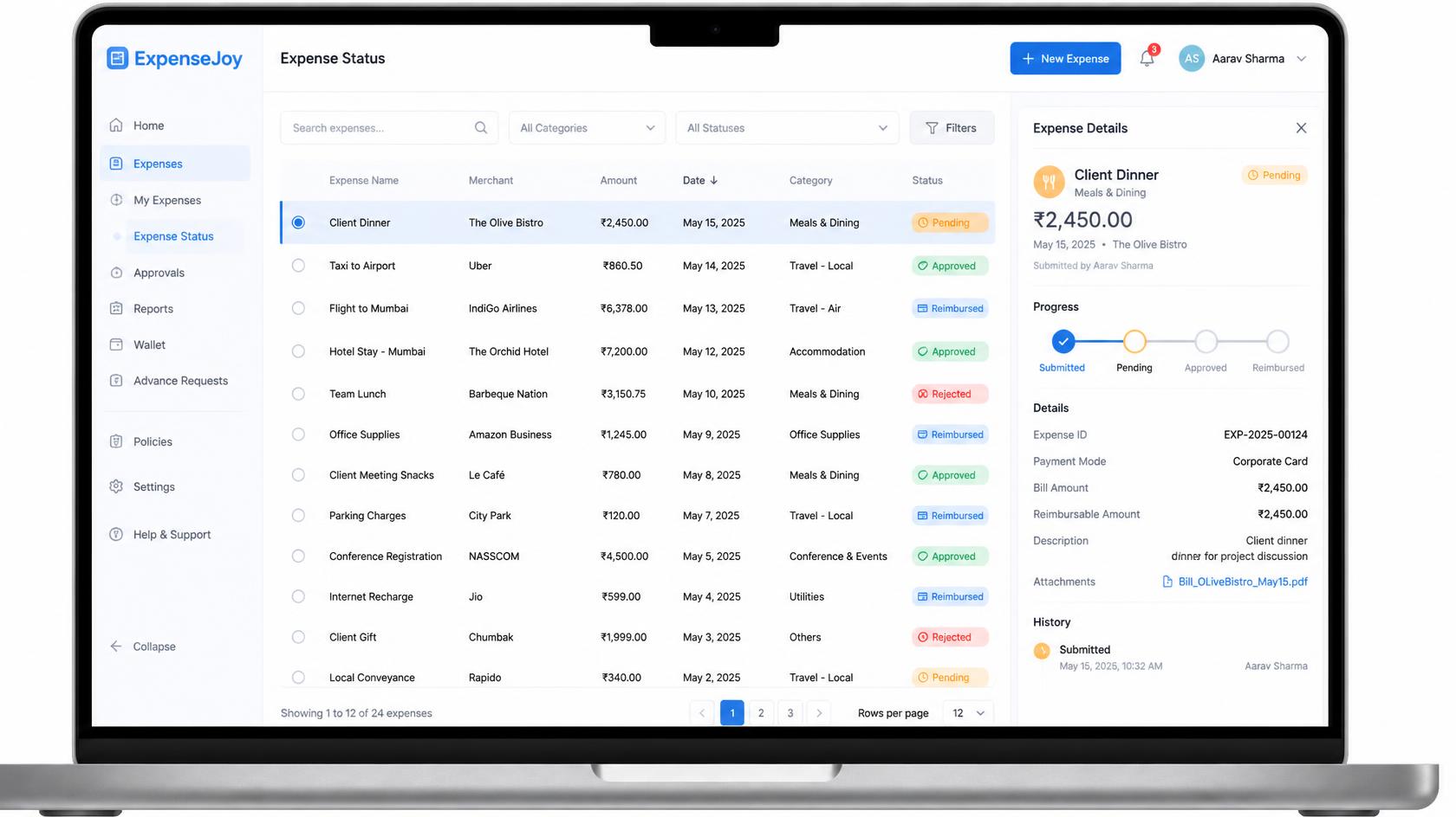 Employee Expense Status UI