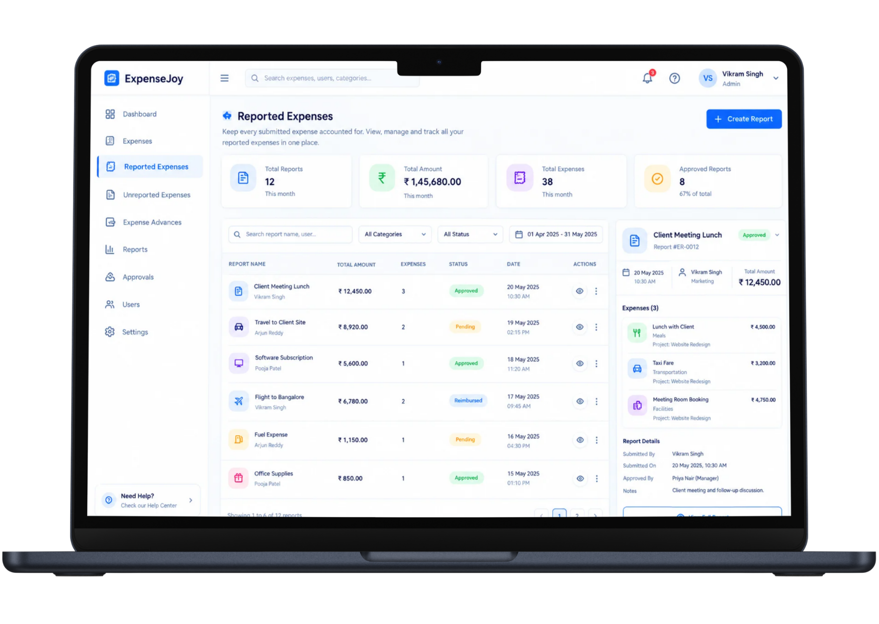 ExpenseJoy expense report dashboard